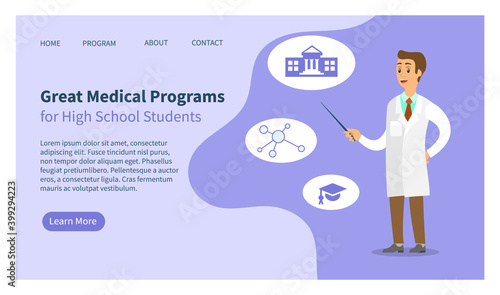Program landing page template. Medical app for studying from anywhere. Website for learning in medical institutions. Man with pointer talks about medical programs. Professor teaches students