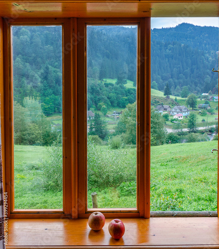 Two red apples lie on a wooden window sill against the backdrop of mountains and forest