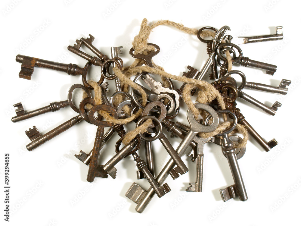 Old Keys on Cord isolated on white Background Old Keys on Cord isolated on white Background