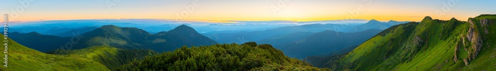 Colorful sunrise landscape in the mountains, scenic wild nature panorama at the dawn, Carpathians, Ukraine