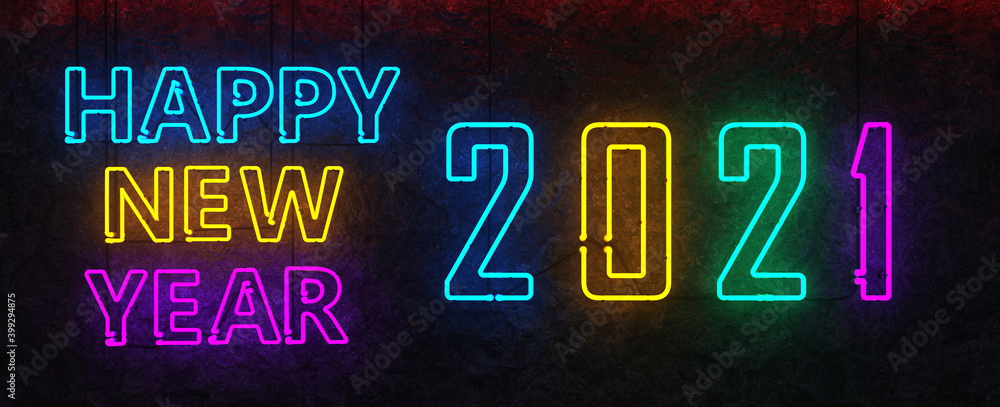 Neon Sign Happy New Year 2021 - obrazy, fototapety, plakaty 