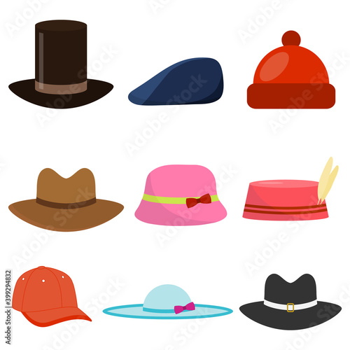 Hats, set of womens and mens hats isolated on white background. Vector, cartoon illustration. Vector.