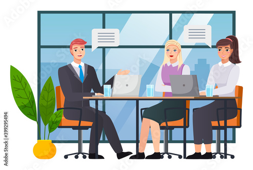 Office staff, work and communication. Head and subordinates. Various workers, managers team. Top managers employees of different levels. Office workers. Co-workers. Colleagues discuss project teamwork © robu_s