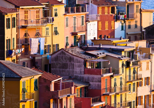 Colourful house frontings forming a beautiful background pattern. Cinque Terre, Italy.