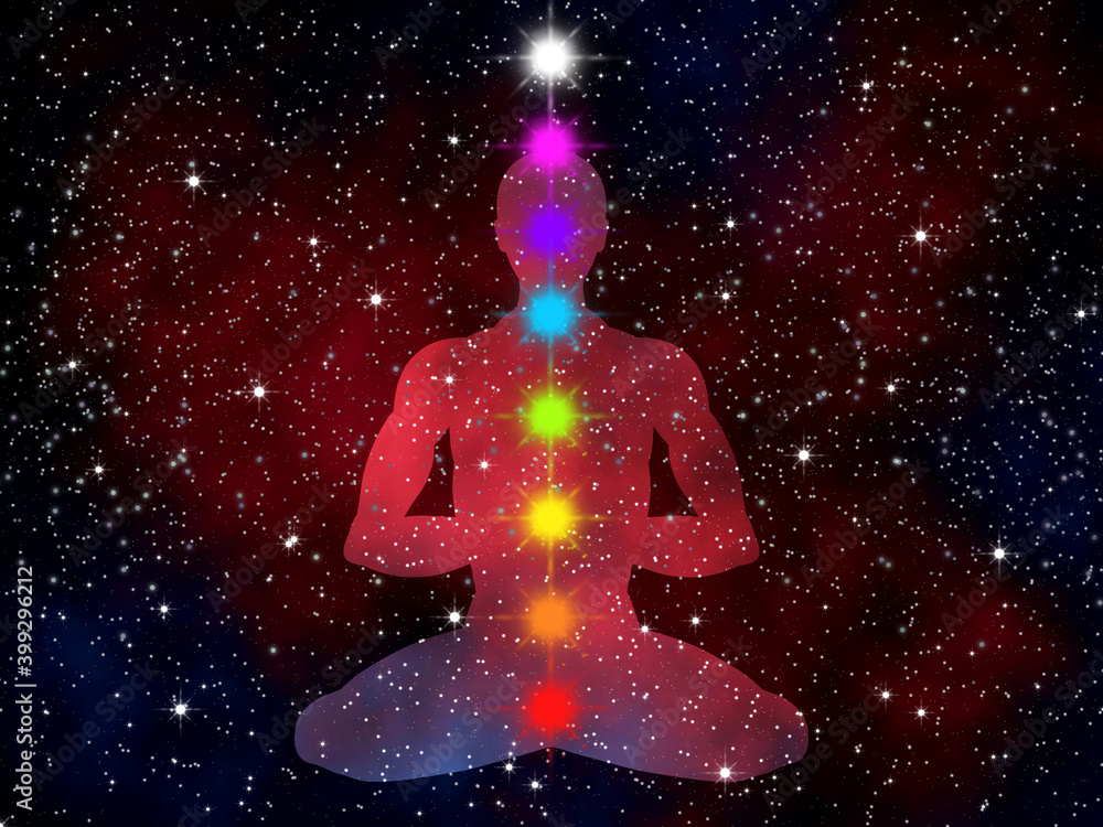 Silhouette of meditating human in space. Infinity space. Yoga man. Lotus asana. Chakras symbols. Silhouette of meditating human in space. Infinity space. Yoga man. Lotus asana. Chakras symbols.