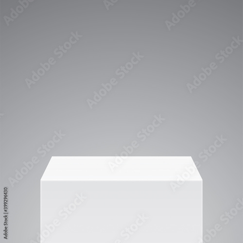 White cube shape pedestal, standing on the grey background. Realistic vector stand, in front isometric view, with blank space for a product, or object placement.