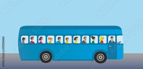 Blue bus with variation of people. Vector illustration. EPS10.
