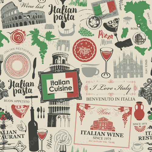 Abstract seamless pattern on the theme of Italy and Italian cuisine in the colors of the Italian flag. Suitable for vector wallpaper, wrapping paper, fabric in retro style on the old paper background