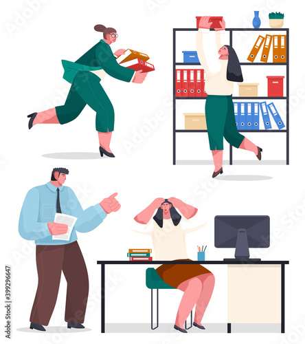 Chaos in office, confused office workers, woman with folders running, serching archive files in box at stand, angry boss chief swear woman worker, failure deadline, unorganized stressing people