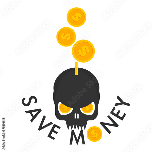 Human skull with coins. Concept of fraudulent money saving schemes. Flat style illustration. 