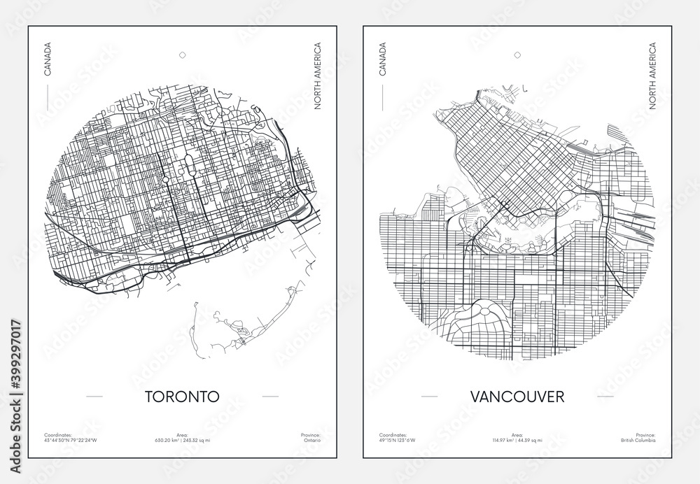 Fototapeta premium Travel poster, urban street plan city map Toronto and Vancouver, vector illustration