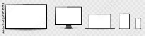 Set of realistic monitor, laptop, tablet, phone on a white background. Collection realistic devices in a imac, Macbook, ipad, iphone style