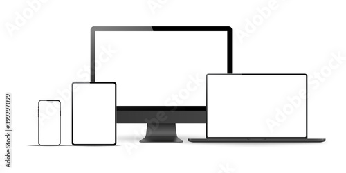 Set of realistic monitor, laptop, tablet, phone on a white background. Collection realistic devices in a imac, Macbook, ipad, iphone style