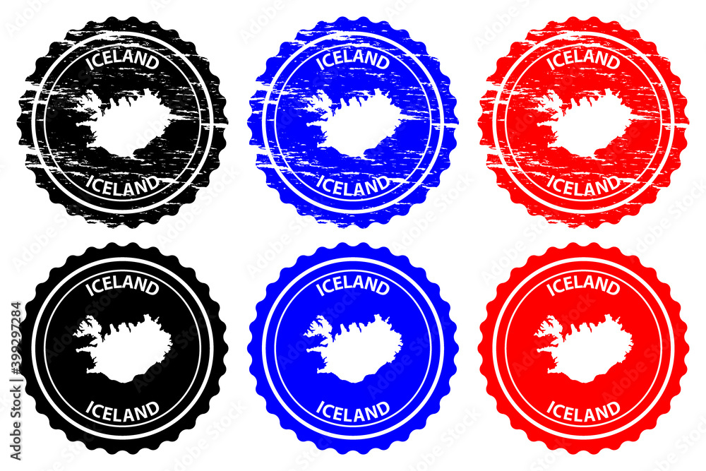 Iceland - rubber stamp - vector, Iceland map pattern - sticker - black, blue and red Iceland - rubber stamp - vector, Iceland map pattern - sticker - black, blue and red