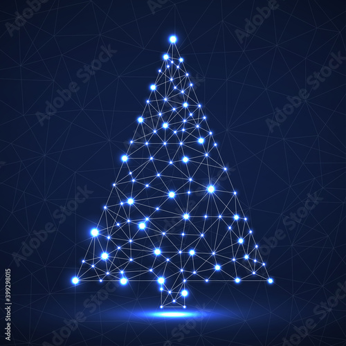 Abstract neon christmas tree with glowing lines and dots, vector illustration