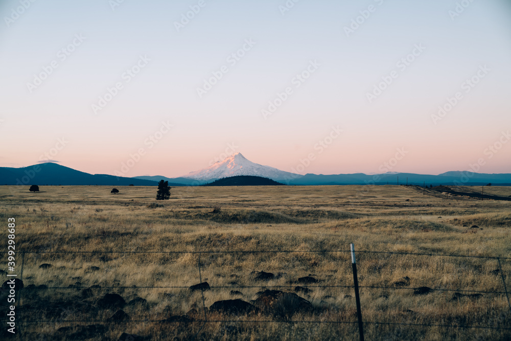Naklejka premium Sunset over agricultural field in evening