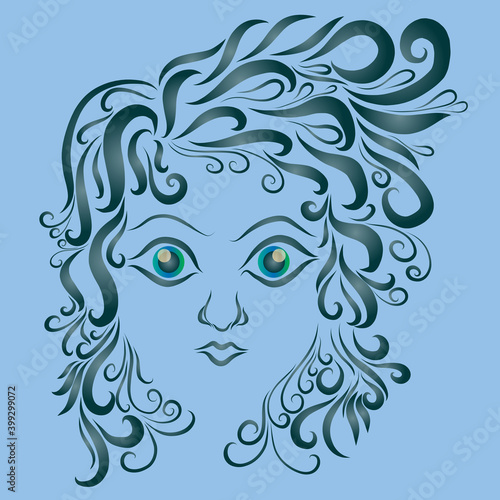 head of a princess girl with hairstyle big eyes and curly hair on a blue background