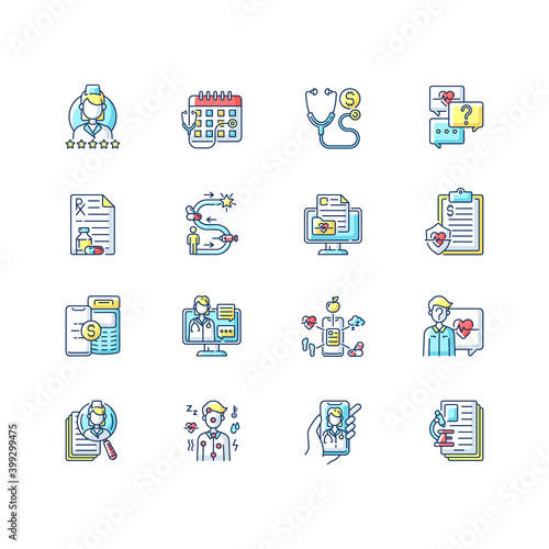 Online doctor app RGB color icons set. Video, phone and live chat. Consultation, prescription, follow-up care. Telemedicine services. Preventive care, chronic conditions. Isolated vector illustrations