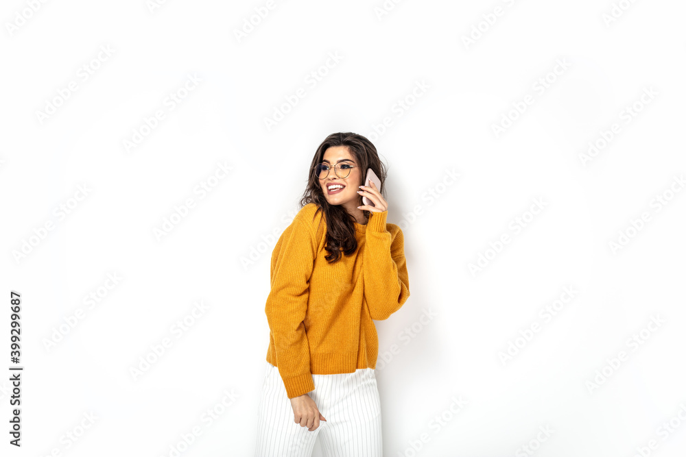 Smiling beautiful happy woman talking on mobile phone Smiling beautiful happy woman talking on mobile phone