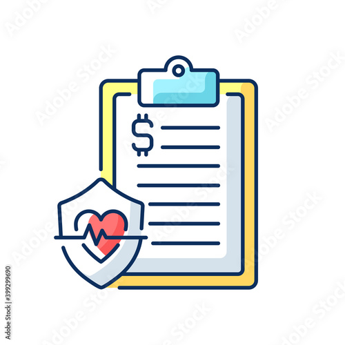 Insurance data RGB color icon. Health insurance coverage. Paying for medical, surgical expenses, prescription drug. Protection from unexpected, high medical costs. Isolated vector illustration