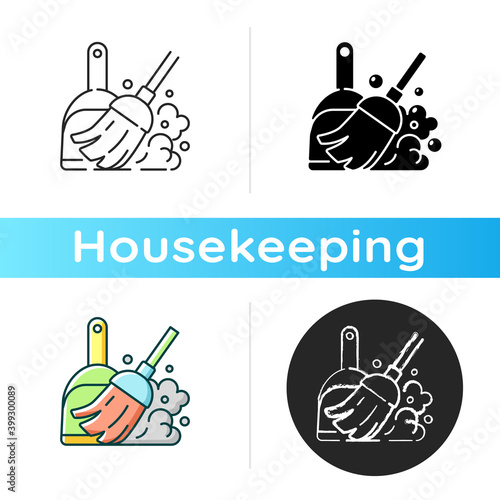 Sweeping floor icon. Linear black and RGB color styles. Household chore, indoor cleanup. Housekeeping task, domestic hygiene. Cleaning with broomstick and scoop. Isolated vector illustrations
