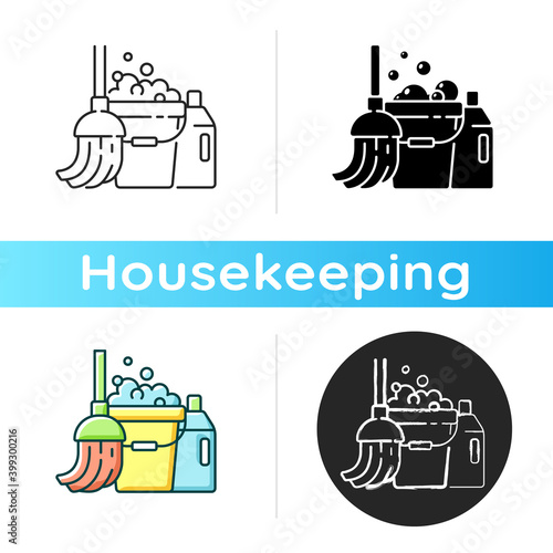 Floor mopping icon. Linear black and RGB color styles. Household chore, washing floors. Domestic cleanup. Professional janitorial service. Cleaner supplies. Isolated vector illustrations