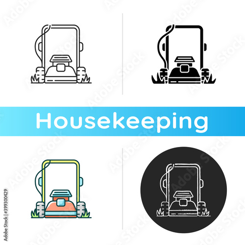Lawn mowing icon. Linear black and RGB color styles. Suburban housekeeping chore. Professional grass trimming, landscaping service. Electric lawnmower. Isolated vector illustrations