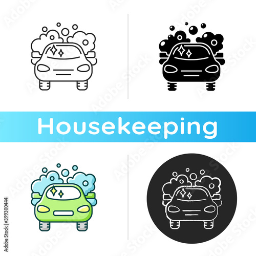 Car washing icon. Linear black and RGB color styles. Professional vehicle maintenance service, personal transport washing and polishing. Housekeeping chore. Isolated vector illustrations