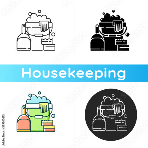 Cleaning tools icon. Linear black and RGB color styles. Cleaner tools, housekeeping supplies. Professional janitorial service. Mop, bucket and detergent. Isolated vector illustrations