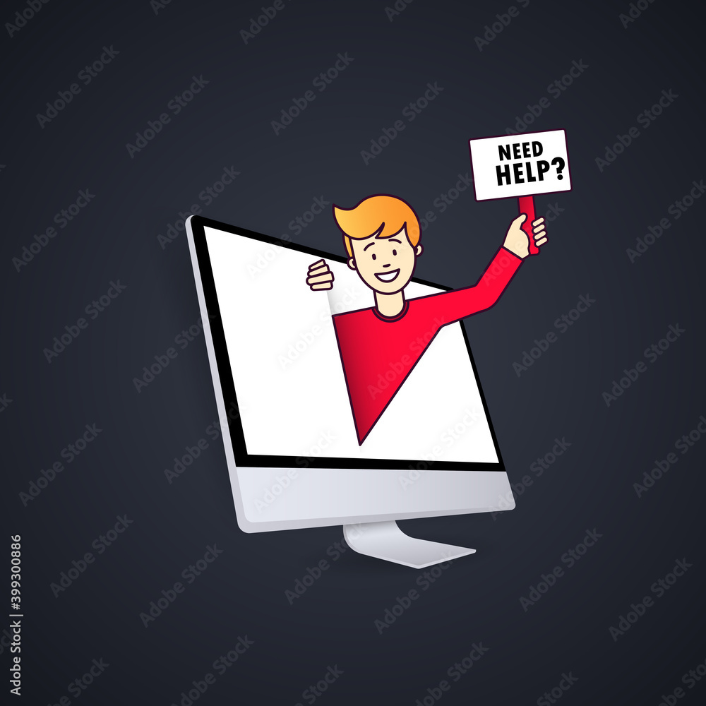 Man peeks out computer and holds the sign that asks Need Help. Support service. Vector, illustration.