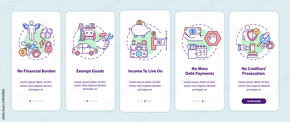 Debt free benefit onboarding mobile app page screen with concepts. Family budget. No financial burden walkthrough 5 steps graphic instructions. UI vector template with RGB color illustrations