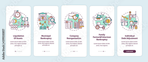 Business bankruptcy onboarding mobile app page screen with concepts. Liquidation of asset. Corporate debt walkthrough 5 steps graphic instructions. UI vector template with RGB color illustrations