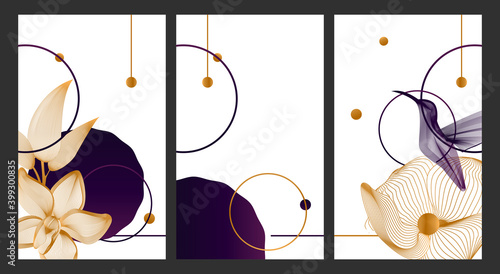 a network of modern abstract minimalistic booklets and postcards featuring linear flowers in bright metallic colors. Perfect for printing banners, flyers, wedding invitations and store openings. EPS10