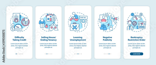 Bankruptcy negative impact onboarding mobile app page screen with concepts. Difficulty taking credit walkthrough 5 steps graphic instructions. UI vector template with RGB color illustrations