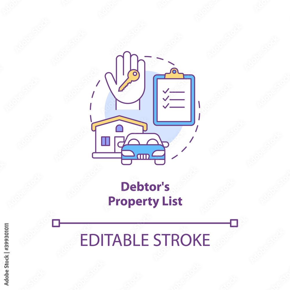 Debtor property list concept icon. Mortgage for real estate. Creditor contract. Financial report. Bankruptcy idea thin line illustration. Vector isolated outline RGB color drawing. Editable stroke