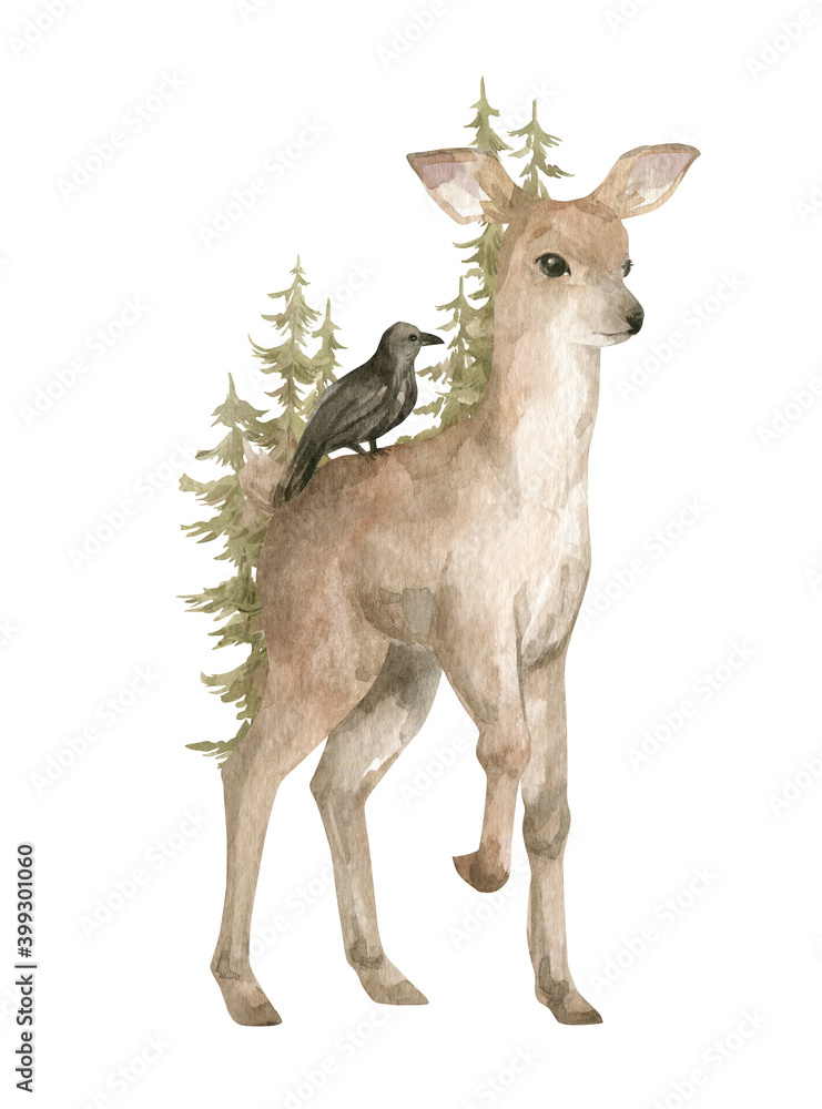 Obraz premium Watercolor illustration with deer and forest trees. Wild forest animal and woodland landscape. Creature, trees, pine, spruce, fir. Reindeer and wildlife nature 