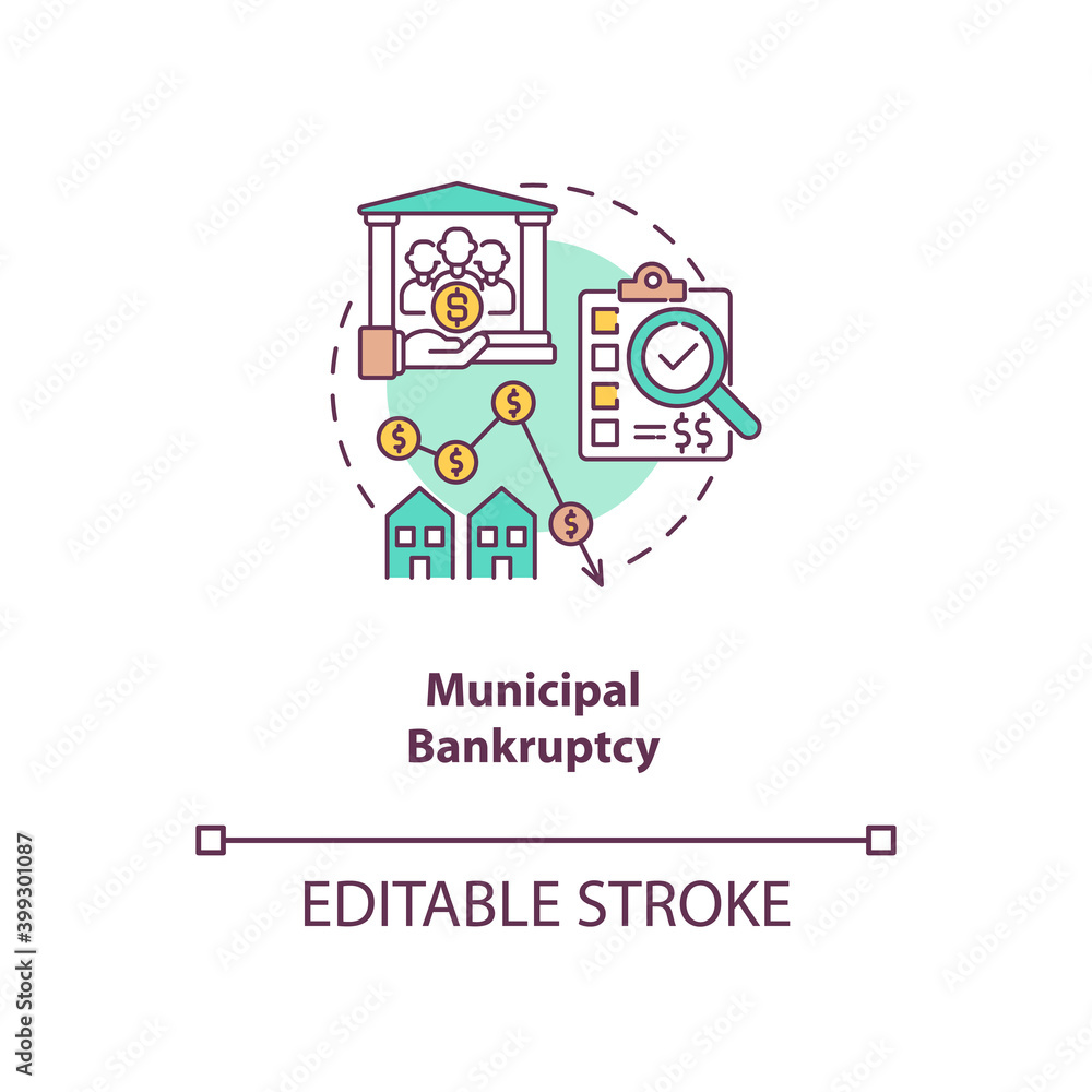 Municipal bankruptcy concept icon. Government financial crisis. City economic difficulty. Bankruptcy idea thin line illustration. Vector isolated outline RGB color drawing. Editable stroke