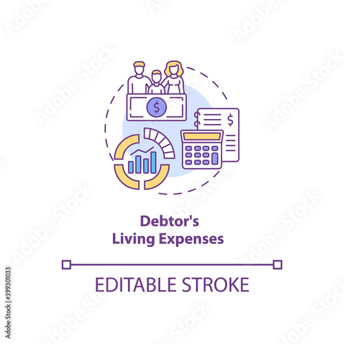 Debtor living expenses concept icon. Financial crisis. Calculate income and expenditure. Bankruptcy idea thin line illustration. Vector isolated outline RGB color drawing. Editable stroke
