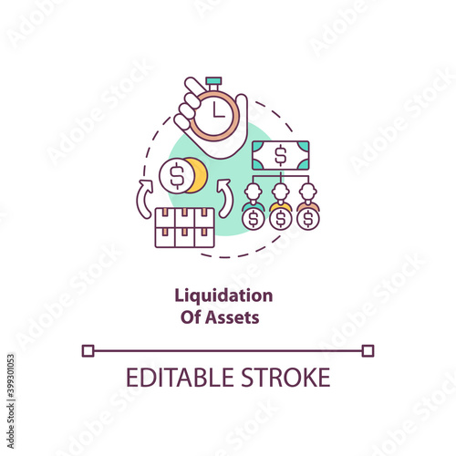 Liquidation of assets concept icon. Convert into cash. Sell on market. Business insolvency. Bankruptcy procedure idea thin line illustration. Vector isolated outline RGB color drawing. Editable stroke