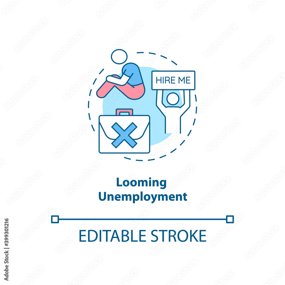 Looming unemployment concept icon. Difficulty getting hired. Prospect of losing job. Bankruptcy idea thin line illustration. Vector isolated outline RGB color drawing. Editable stroke Looming unemployment concept icon. Difficulty getting hired. Prospect of losing job. Bankruptcy idea thin line illustration. Vector isolated outline RGB color drawing. Editable stroke