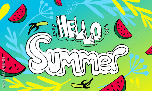 Hello Summer vector illustration, vector background. Calligraphy banner with tropical green leaves. Use for posters, flyers, postcards, banner designs. Watermelon lemon