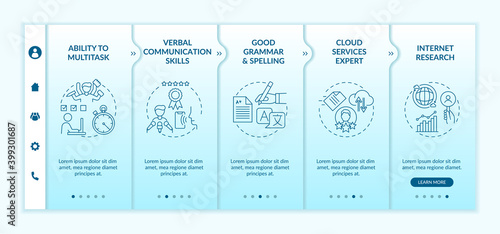 Personal assistant skills onboarding vector template. VA responsibilities. Virtual assistant tasks. Responsive mobile website with icons. Webpage walkthrough step screens. RGB color concept