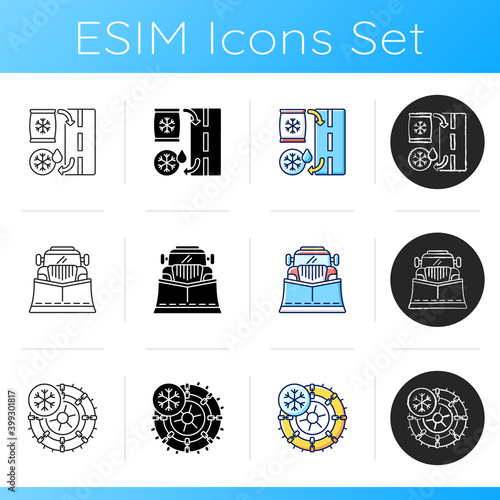 Winter city services icons set. Icicle removal from building roofs. Christmas lights fot tree. Auto snow removal tools. Linear, black and RGB color styles. Isolated vector illustrations
