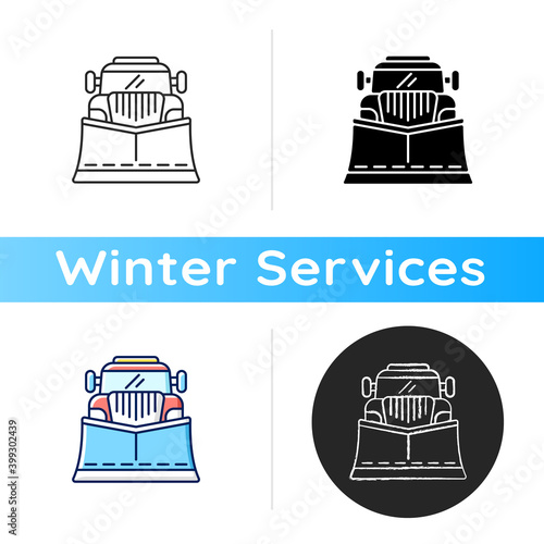 Snow blades for trucks icon. Snow plow winter service. Cleaning streets from winter weather. Tools for huge cars. Linear black and RGB color styles. Isolated vector illustrations