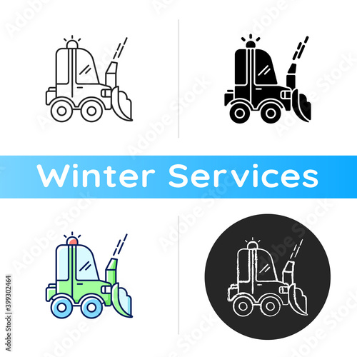 Snow blowing icon. Using machine for removing snow from area around your house. Cleaning service in winter. Linear black and RGB color styles. Isolated vector illustrations