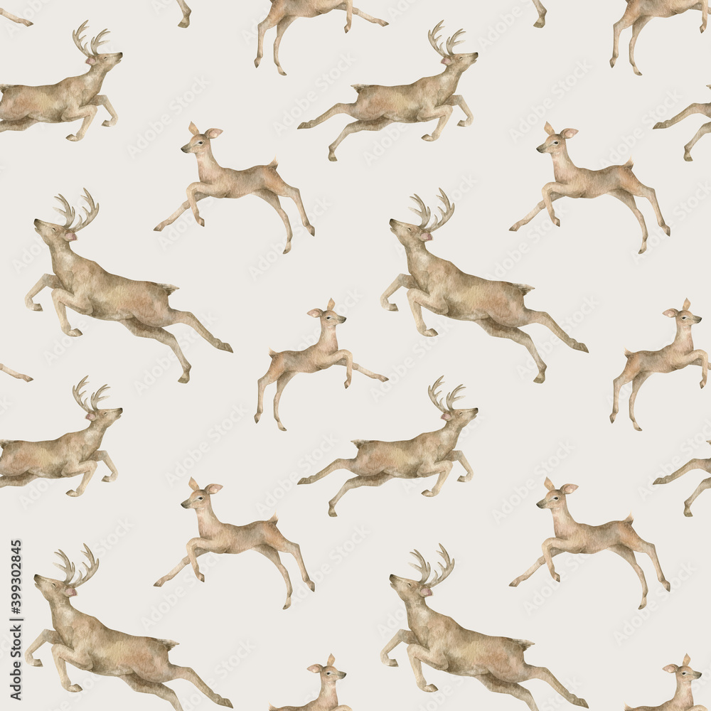 Obraz premium Watercolor seamless pattern with deers. Wild forest animals. Running reindeer. Wildlife background