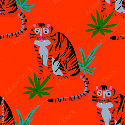 Fototapeta Naklejka Na Ścianę i Meble -  Creative seamless pattern with tiger in tropical forest. Bright summer print for any purposes. Trendy style.	