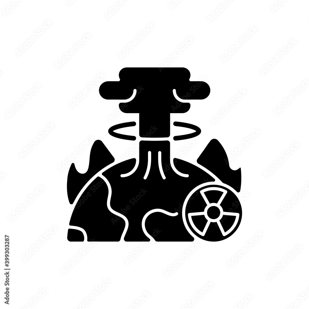 Apocalypse black glyph icon. End of whole world existence. Damaging every people life. Humanity stop living. Awful scenario. Silhouette symbol on white space. Vector isolated illustration