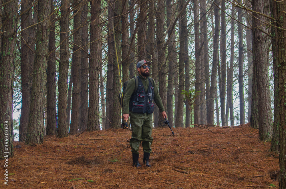 Fisherman walking in pine forest Fisherman walking in pine forest