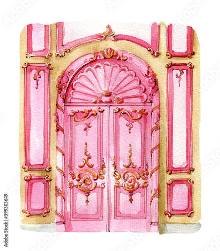 Watercolor illustration. Classic stile blue door framed by carved facade moldings and lamps on the sides. Bright illustration for greeting cards.